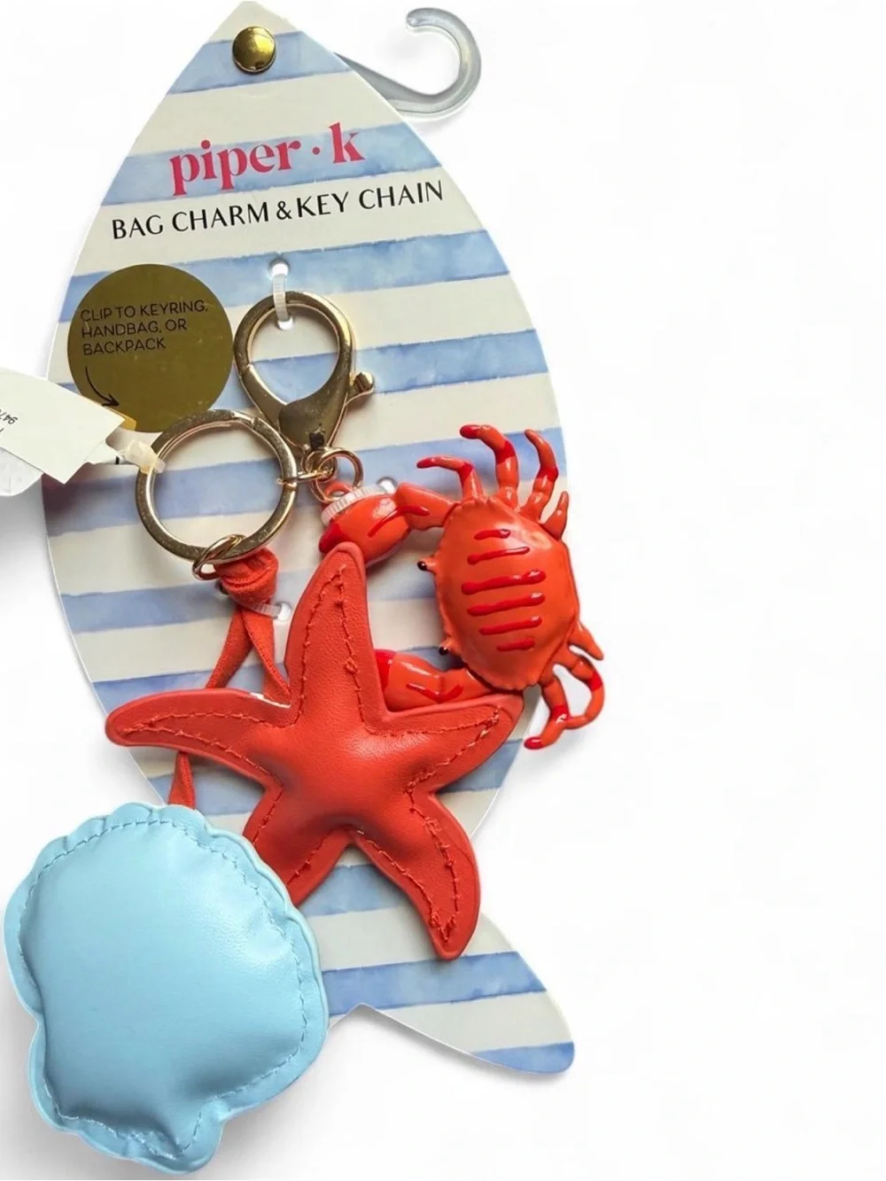 Piper K Starfish & Crab Bag Charm Key Chain with Light Blue Shell Accent